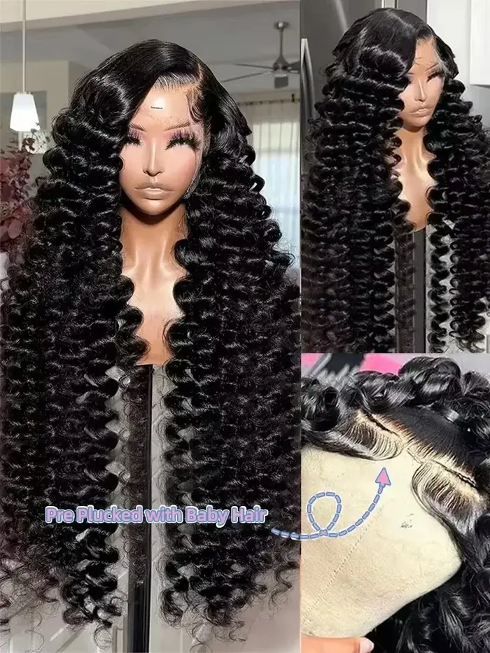 Perruque Lace Frontal Wig naturelle bouclée, cheveux humains, Deep Wave, 40 pouces, 13x6, 13x4, HD,