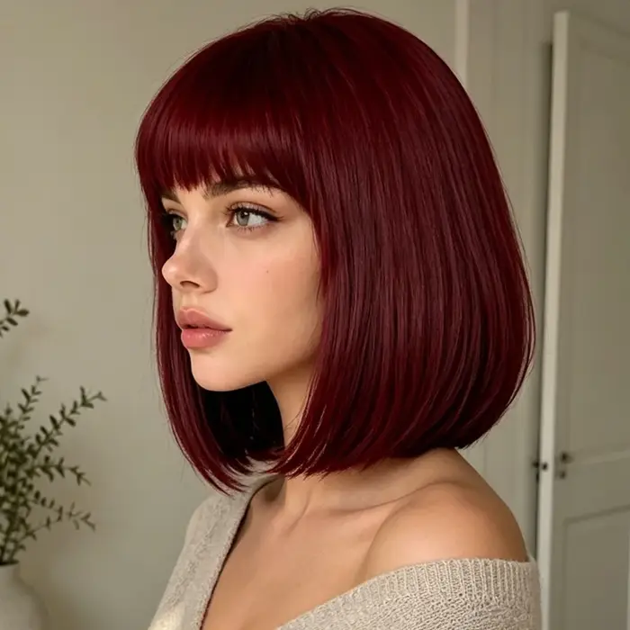 Perruque bob bordeaux, 12 pouces, franges soignées, extrémités lisses et droites, perruque synthétique courte pour femmes, pour un style quotidien.