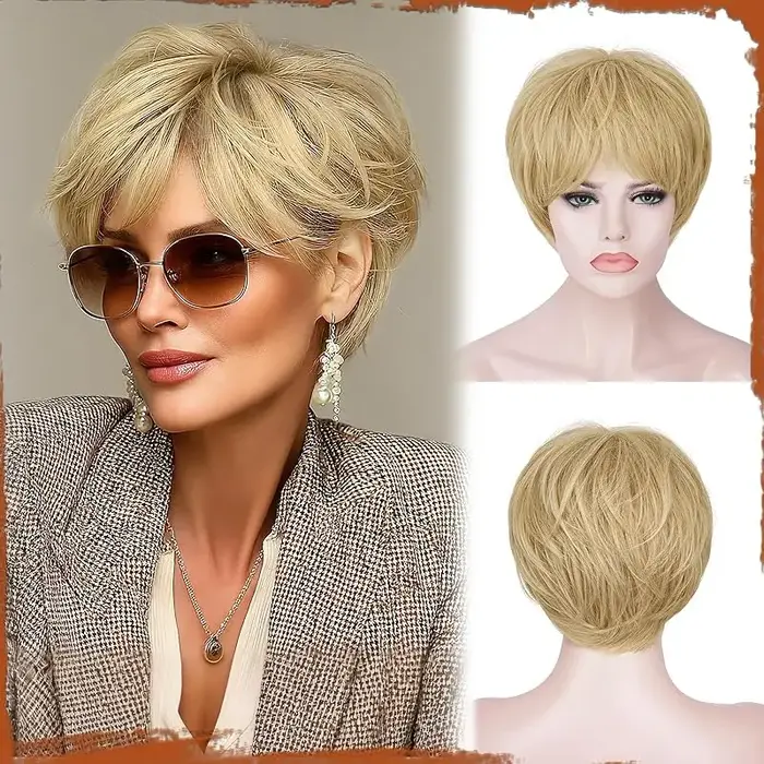 Perruque pixie noire ondulée à couches superposées avec frange, cheveux synthétiques sans colle. Tex