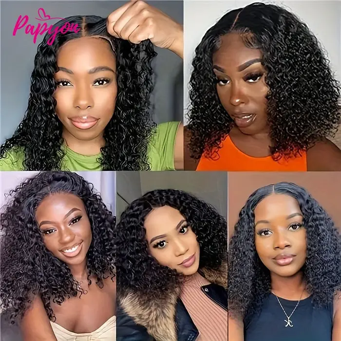 200% Density Perruque Bob Bouclé Water Wave Sans Colle Pour Femme de Fermeture en  Bouclée Dentelle 