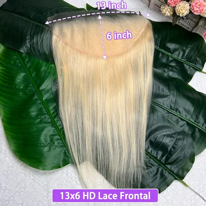 Frontale en dentelle invisible HD 13x6 # 613 cheveux humains droits colorés blonds pré-épilés nœuds