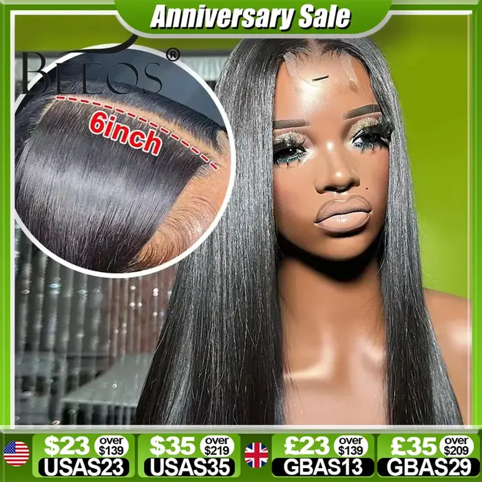 BEEOS-Perruque Lace Closure Wig sans colle naturelle, cheveux lisses pré-implantés, noir de jais, 2x