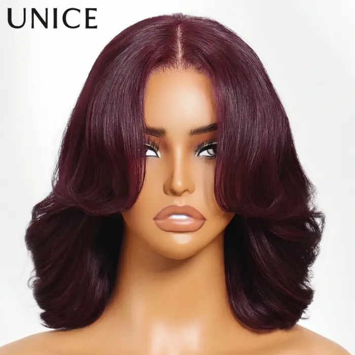 Perruque Bob ondulée UNice 7x5 Lace No-Slip Cap Black Cherry avec couches encadrant le visage, sans