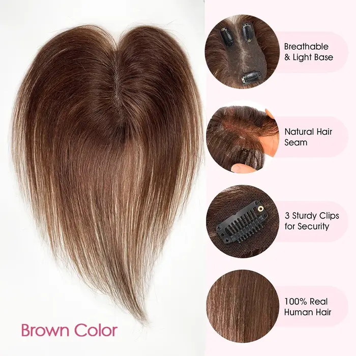Topper de cheveux humains couleur marron avec frange rideau