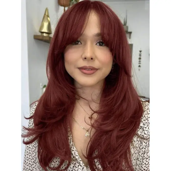 24" Wine Red Long Layered Synthetic Wig With Curtain Bangs