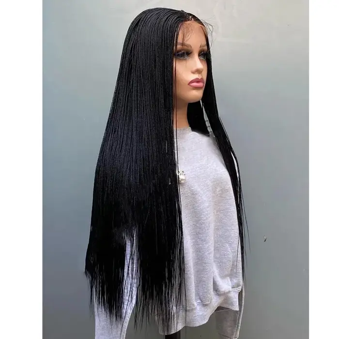 Perruque tressée sans colle avec micro-tresses sur dentelle HD 5x5
