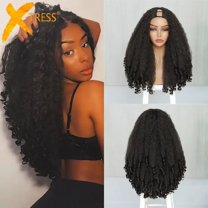 X-TRESS Afro bouclés V partie perruque avec boucles rebondissantes synthétique crépus droites sans c