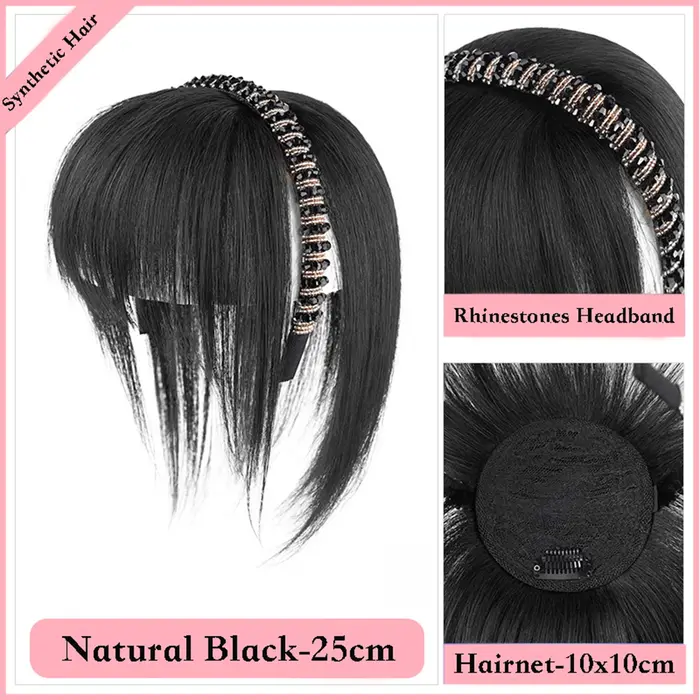 Frange synthétique courte et droite avec bandeau en strass, extension de cheveux en une seule pièce