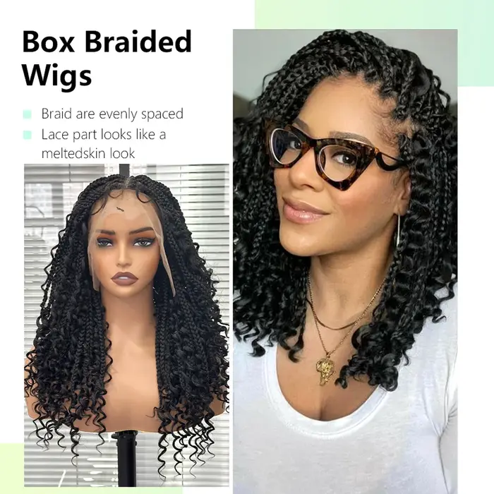 Boho boîte sans noeuds perruques tressées pleine Double dentelle courte tresse perruque pour les femmes noires cheveux