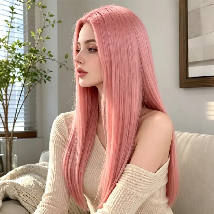 Perruque synthétique élégante rose longue et droite de 28 pouces, soigneusement coiffée avec une raie au milieu, créant un look sophistiqué pour les femmes.