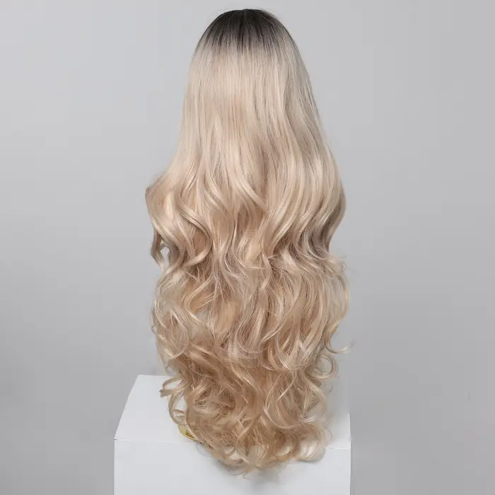 Perruques synthétiques ondulées blondes ombrées avec frange pour femmes