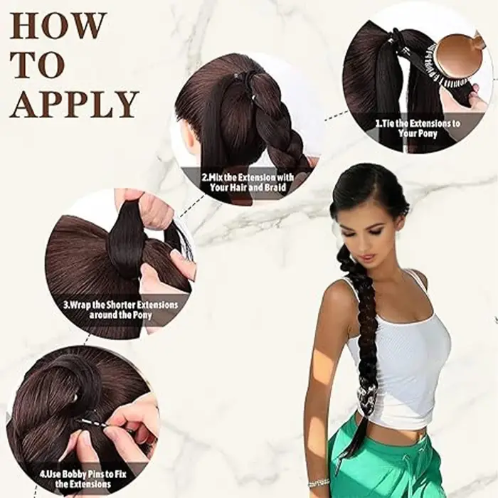 Longue Extension de queue de cheval tressée bricolage avec attache de cheveux envelopper droite autour des Extensions