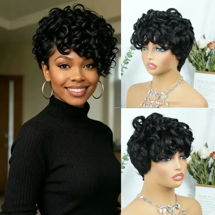 Perruque courte bouclée couleur naturelle coupe pixie