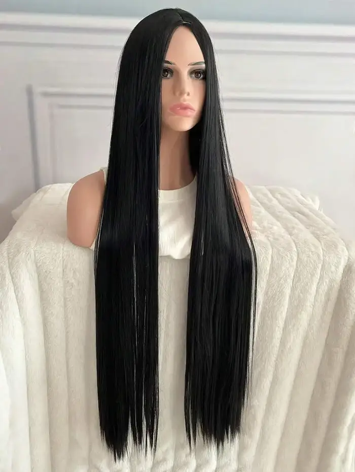 Perruque synthétique noire super longue de 40 pouces pour femme avec cheveux longs et raides sans frange au milieu convient à la partie d'Halloween