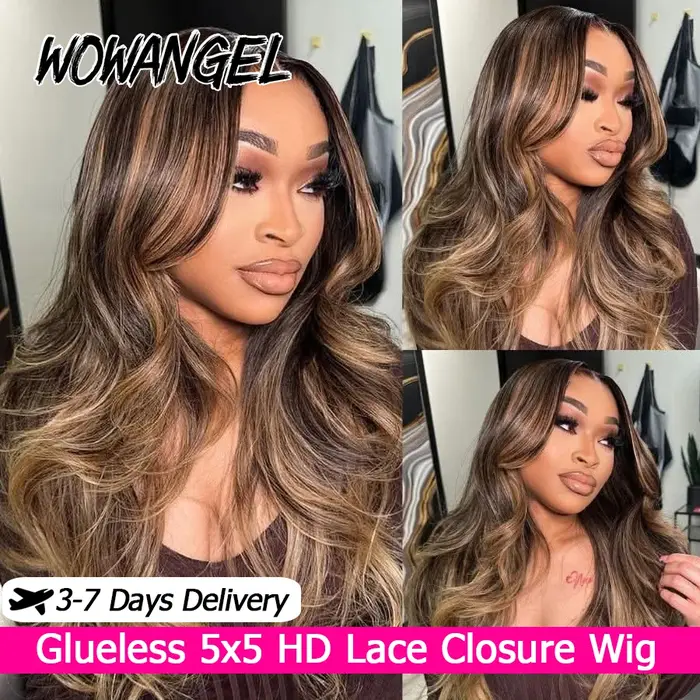 WOWANGEL Perruque Blonde Miel Balayage avec Mèches, Cheveux Humains Ondulés, Perruques Sans Colle en