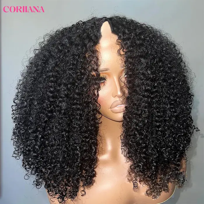 250% crépus bouclés V partie perruque cheveux humains pas de laisser de sortie mise à niveau vague p