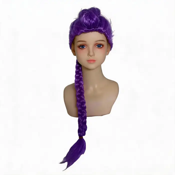 Perruque longue tressée violette avec queue de cheval latérale pour enfants