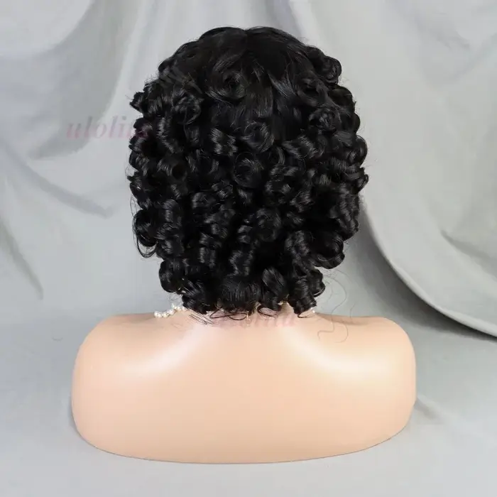 Fumi bouclés perruques de cheveux humains frange perruque coupe lutin Rose