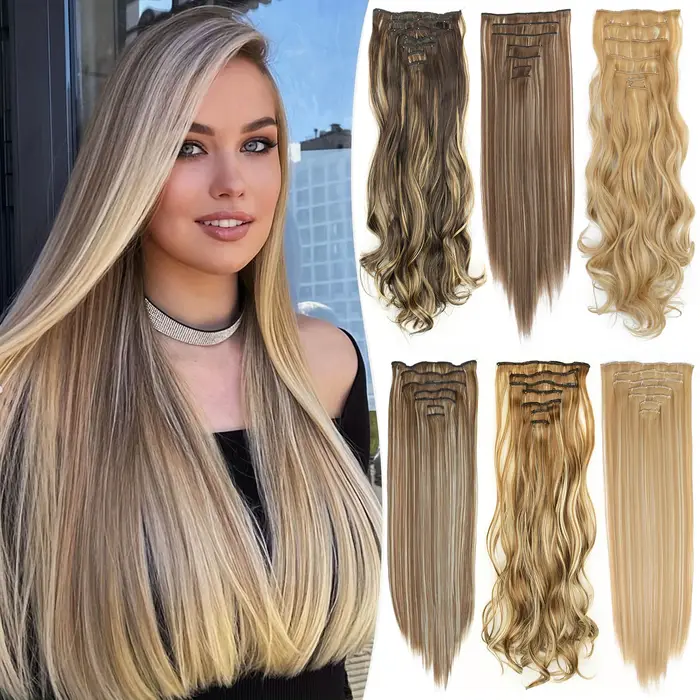 Coiffure longue droite 16 Clips 7 pièces/ensemble Extensions de cheveux naturel synthétique Blonde noir postiches résistant à la chaleur pour les femmes