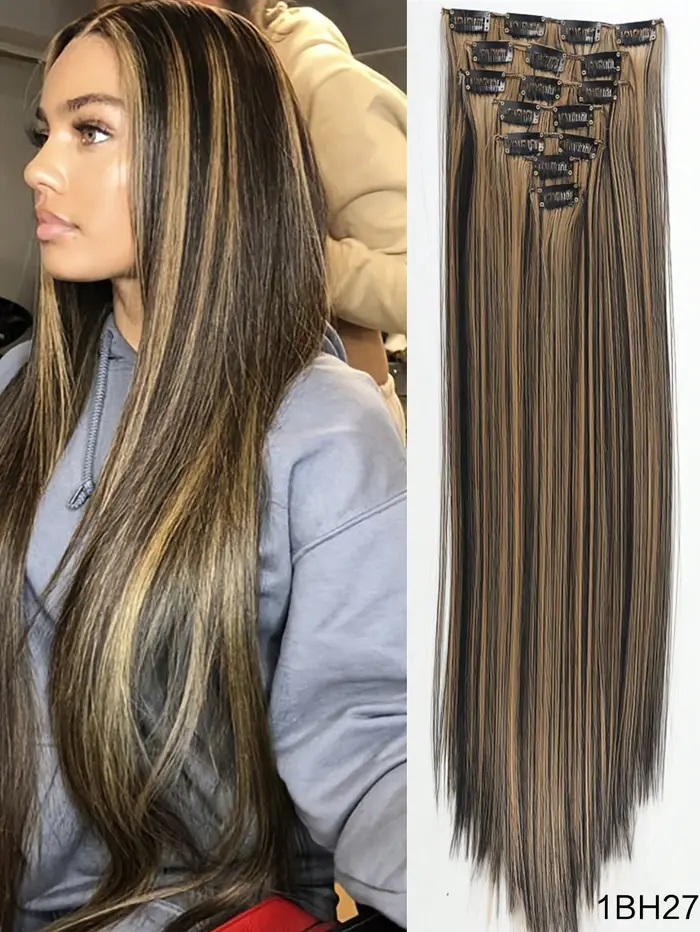 Extensions de cheveux synthétiques lisses à clipser, lot de 7 pièces, style ondulé maïs, 24 pouces d