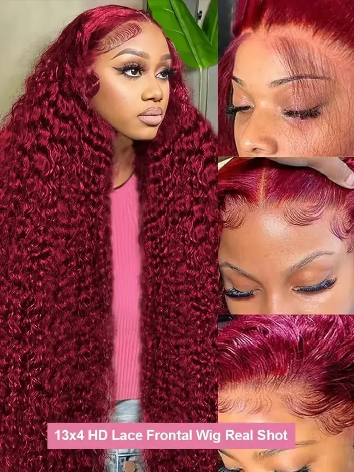 Perruque Lace Front 44 46 pouces 99J Bourgogne Ondulée Profonde Rouge Colorée 13x6 13x4 HD Frontale 