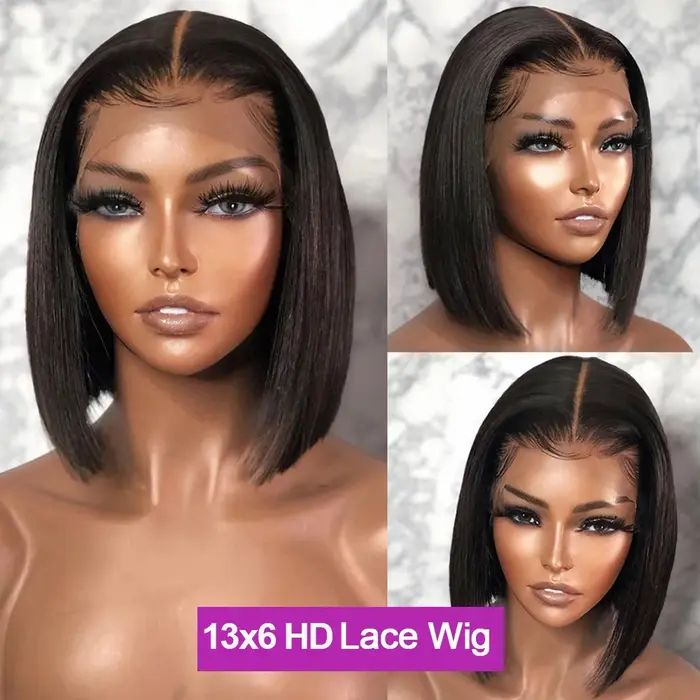 Perruques Courtes Bob en Cheveux Humains 13x6 Lisses comme des Baguettes Sans Colle HD Lace Front Wi