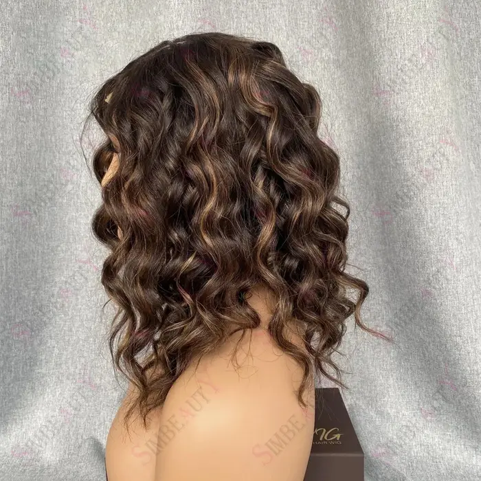 Perruques Courtes Bob Ondulées Profondes pour Femmes, Cheveux Humains, Brun Miel avec Mèches Blondes