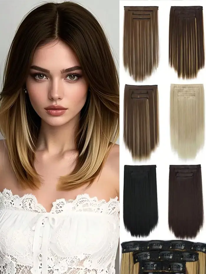 Extensions de cheveux synthétiques longs et lisses de 14 pouces