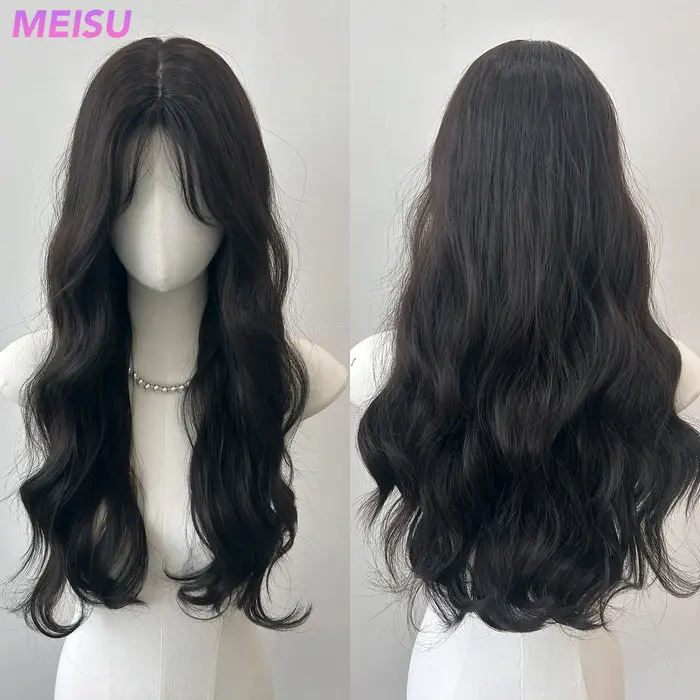 MEISU – perruque synthétique bouclée au thé noir de 26 pouces, cheveux naturels lisses résistants à 