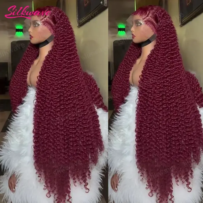 Perruque de cheveux humains bouclés 200 densité 99j Bourgogne 13x6 HD Lace Frontal, couleur Vin Roug