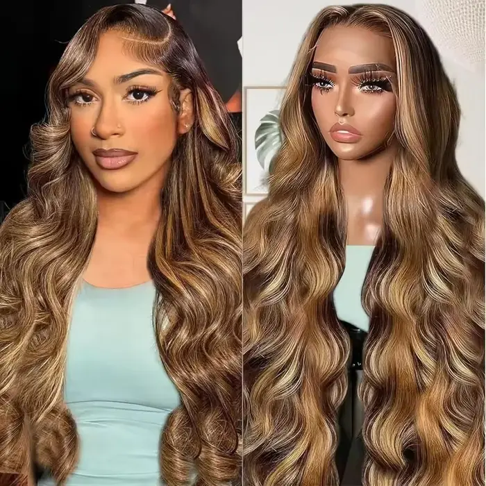 13x6 sans colle mettre en évidence Hd dentelle frontale perruque cheveux humains Ombre couleur miel