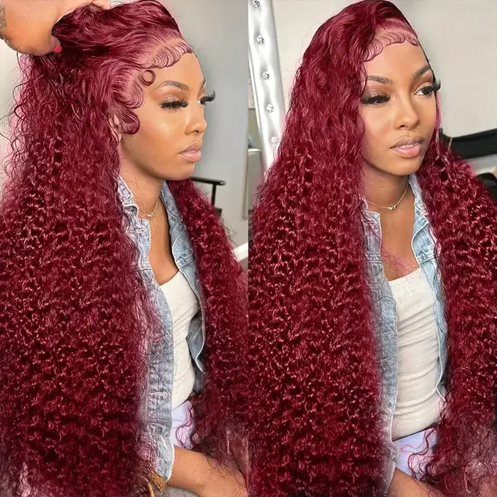 Perruques Lace Frontal 13x6 Deep Curly Wave Bourgogne 99J, Densité 200, Perruque Full Lace Front HD 