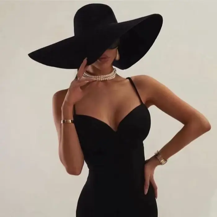 Nouveau Style rétro grand chaud à large bord laine Fedora chapeau noir feutre chapeau arc plat disqu
