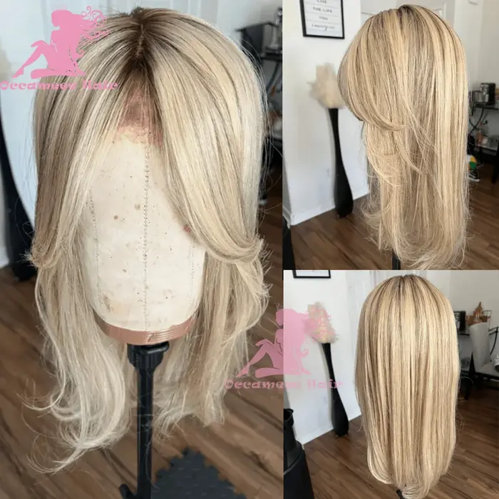 Perruques de cheveux humains avant de dentelle avec frange pré plumé délié cendré blond platine raci