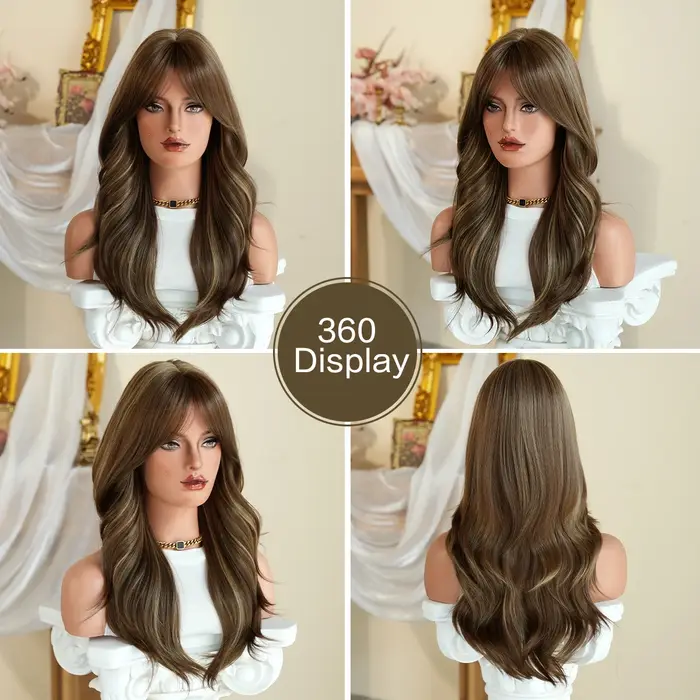 NAMM nouvelle perruque ondulée brune avec frange met en évidence les cheveux blonds