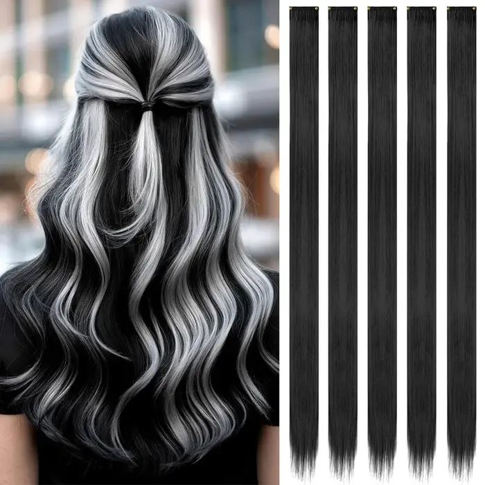 Extensions de cheveux synthétiques noires lisses de 24 pouces