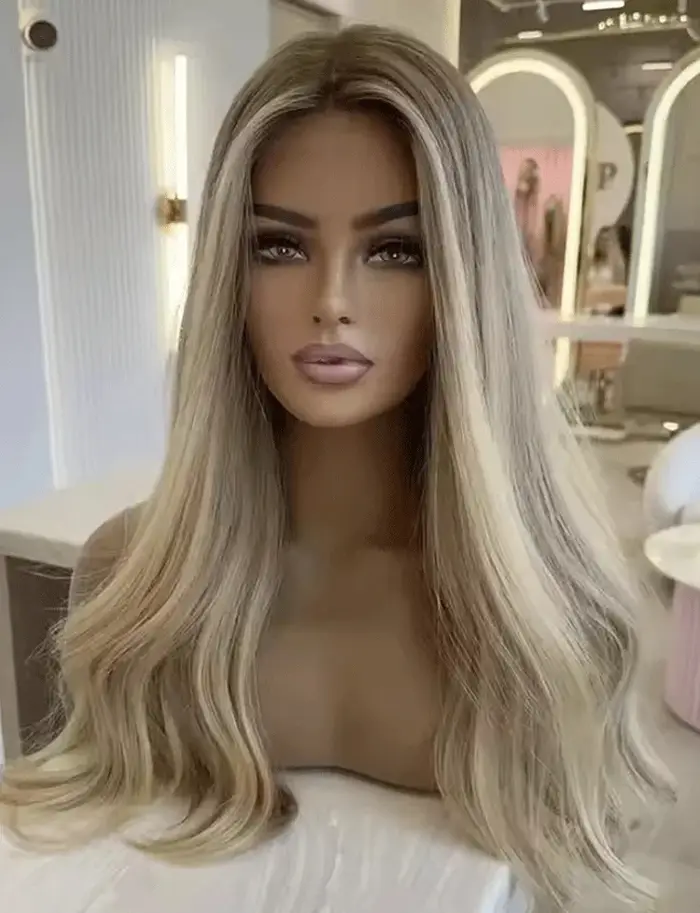 Perruque Lace Ombre Blond Cendré, Douce comme des Cheveux Humains, Perruques Longues Ondulées Pré-Pl