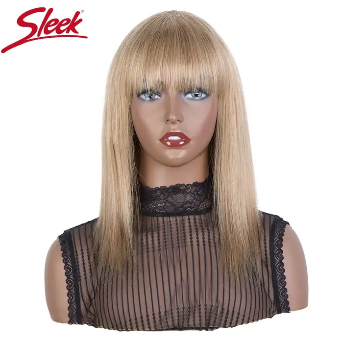 Perruque Brésilienne Naturelle avec Frange, Cheveux Courts Lisses, Brun, Blond, Prêt à vitation, 100