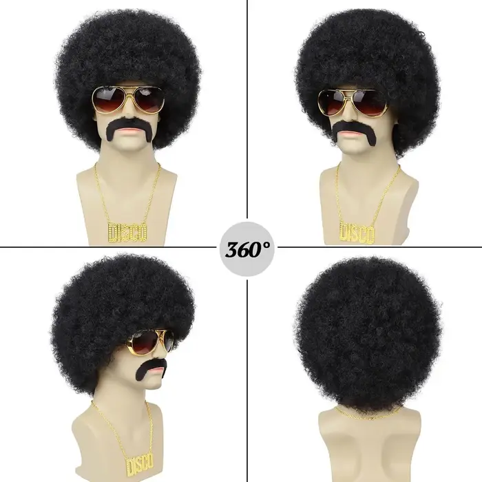Perruque synthétique style disco rock des années 50 avec lunettes et collier