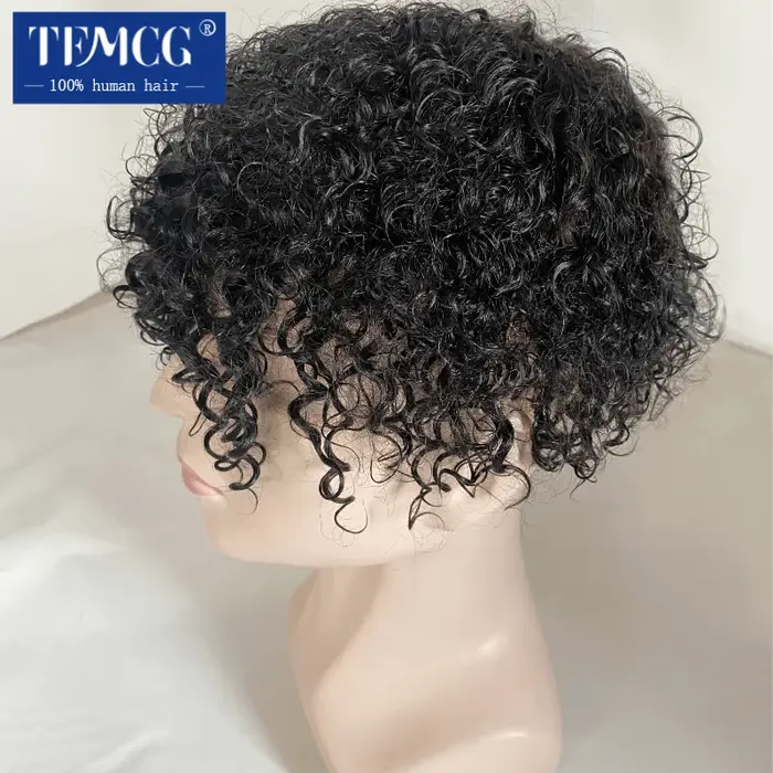 15MM bouclés mâle cheveux prothèse toupet hommes 100% indien cheveux humains confortable peau Base p