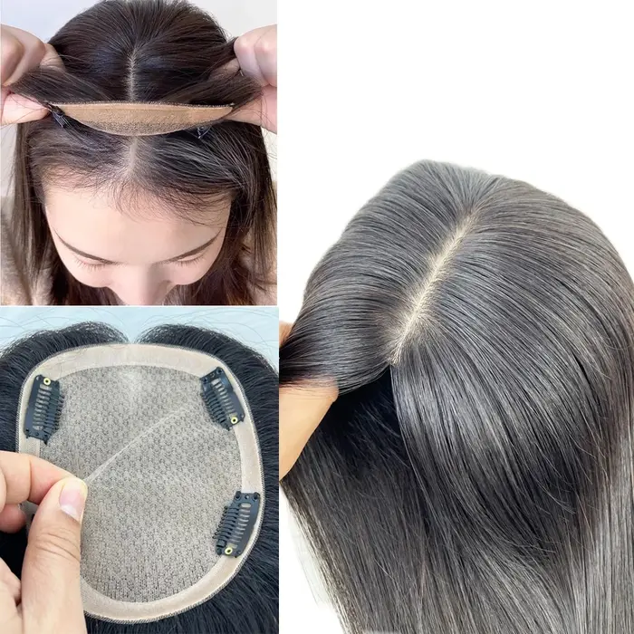 15X17 cm Base en soie femmes Topper avec 4 Clips en postiche malaisie vierge cheveux humains toupet
