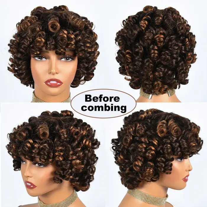 Hairugo-Perruque de Cheveux Humains Bouclés Coupe Pixie à Reflets