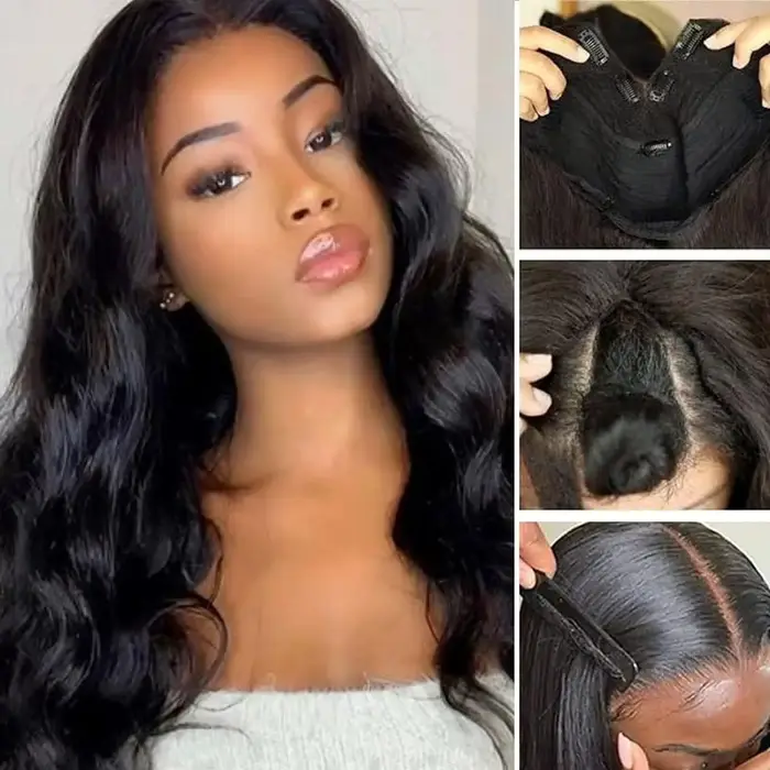 30 pouces V partie perruque vague de corps synthétique U partie perruques pour les femmes pleine tête pince dans les cheveux naturel noir pas de laisser partie mince perruque
