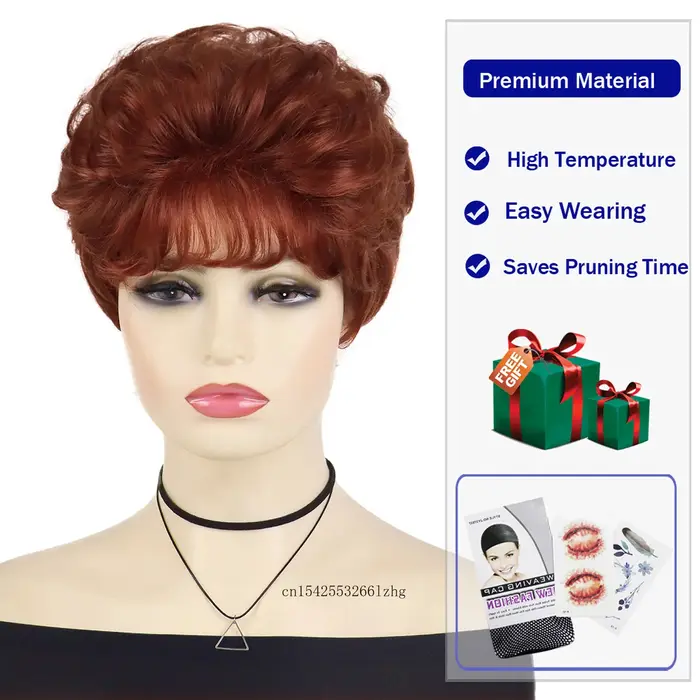 Perruques de cheveux rouges bouclés courts en fibres synthétiques perruque naturelle avec Bang femme