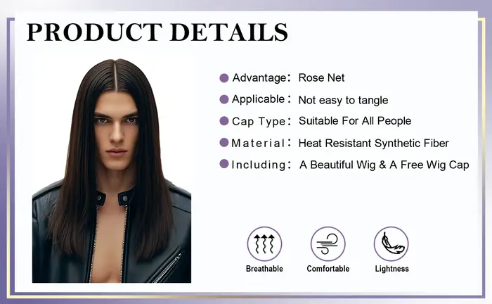 Perruque synthétique longue et lisse noire pour hommes