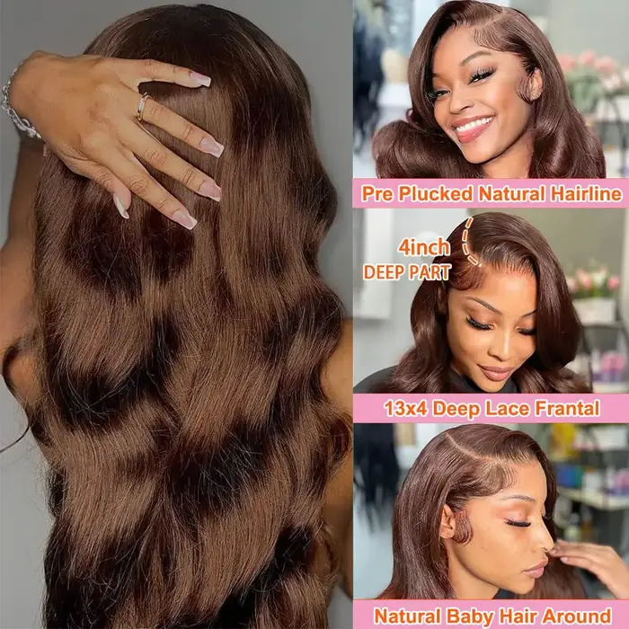 Perruque Lace Front Wig Body Wave brésilienne naturelle, cheveux vierges brun chocolat, pre-plucked,