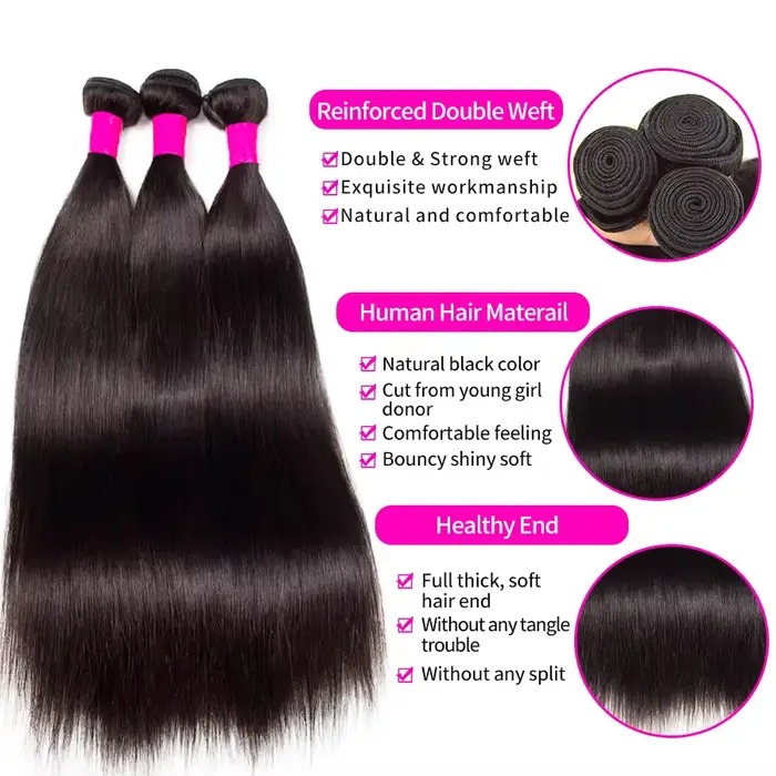 Extensions de Cheveux Humains Naturels Noirs Lisses, Bundles de Cheveux Vierges Remy, 1/3/4 Pièces, 