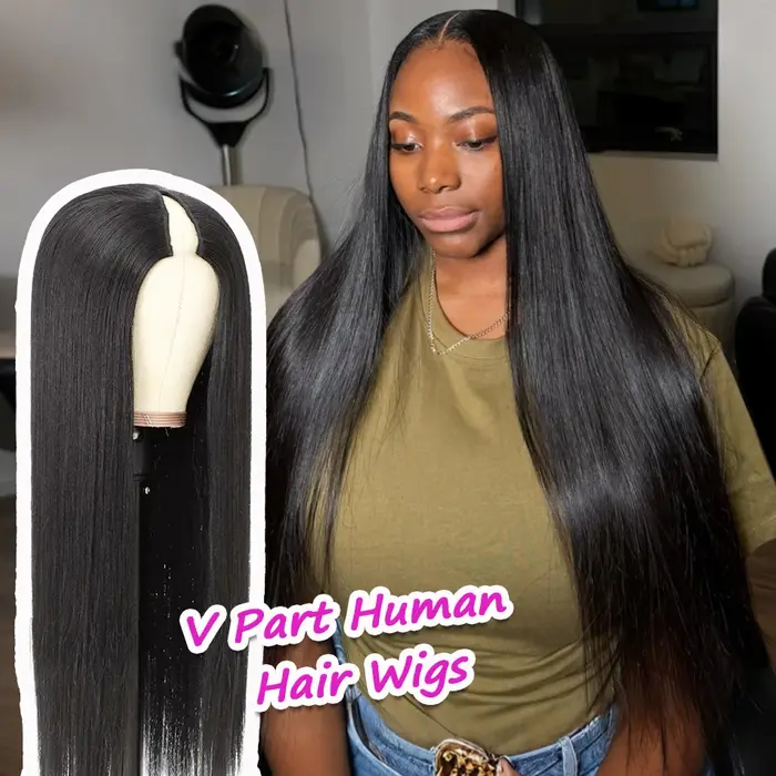 Perruques en cheveux humains lisses en forme de V, sans couture, sans colle, densité 220, noir natur