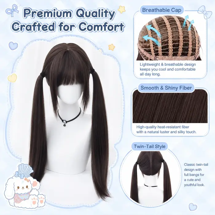 Perruque double queue de cheval longue et droite style High Tie Lolita Shao Luo JK pour filles