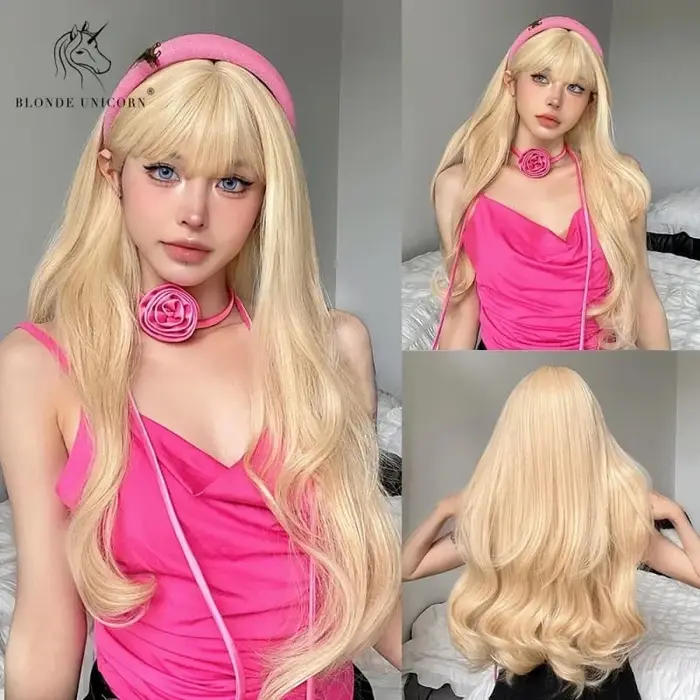 Perruque synthétique longue ondulée licorne Blonde dorée naturelle avec frange